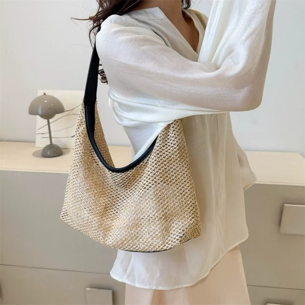Sac en paille tressé uni décontracté, style bohème fait main, sac de plage grande capacité, sac fourre-tout, sac à bandoulière pour femme