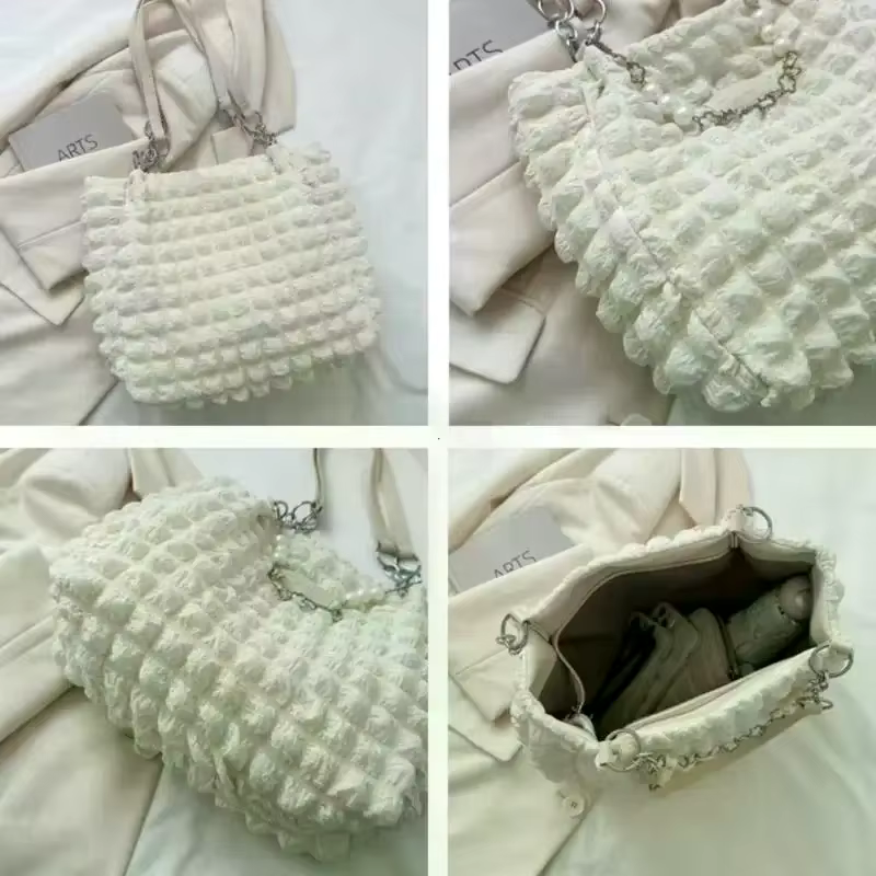 Sac fourre-tout texturé à bulles avec chaîne de perles, tendance, doux, grande capacité, pour femmes, shopping, rendez-vous, bureau, trajets domicile-travail