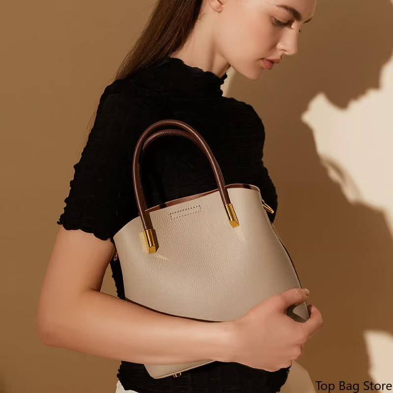 Sac seau en cuir véritable pour femme avec poignée supérieure et bandoulière amovible, sans logo, minimaliste, luxe discret