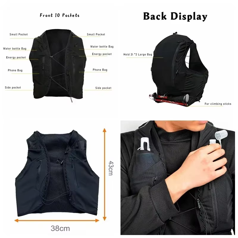(S-2XL) sac à dos de course de sentier 10L sac de gilet d'hydratation Ultra léger pour Trekking en plein air randonnée cyclisme Marathon