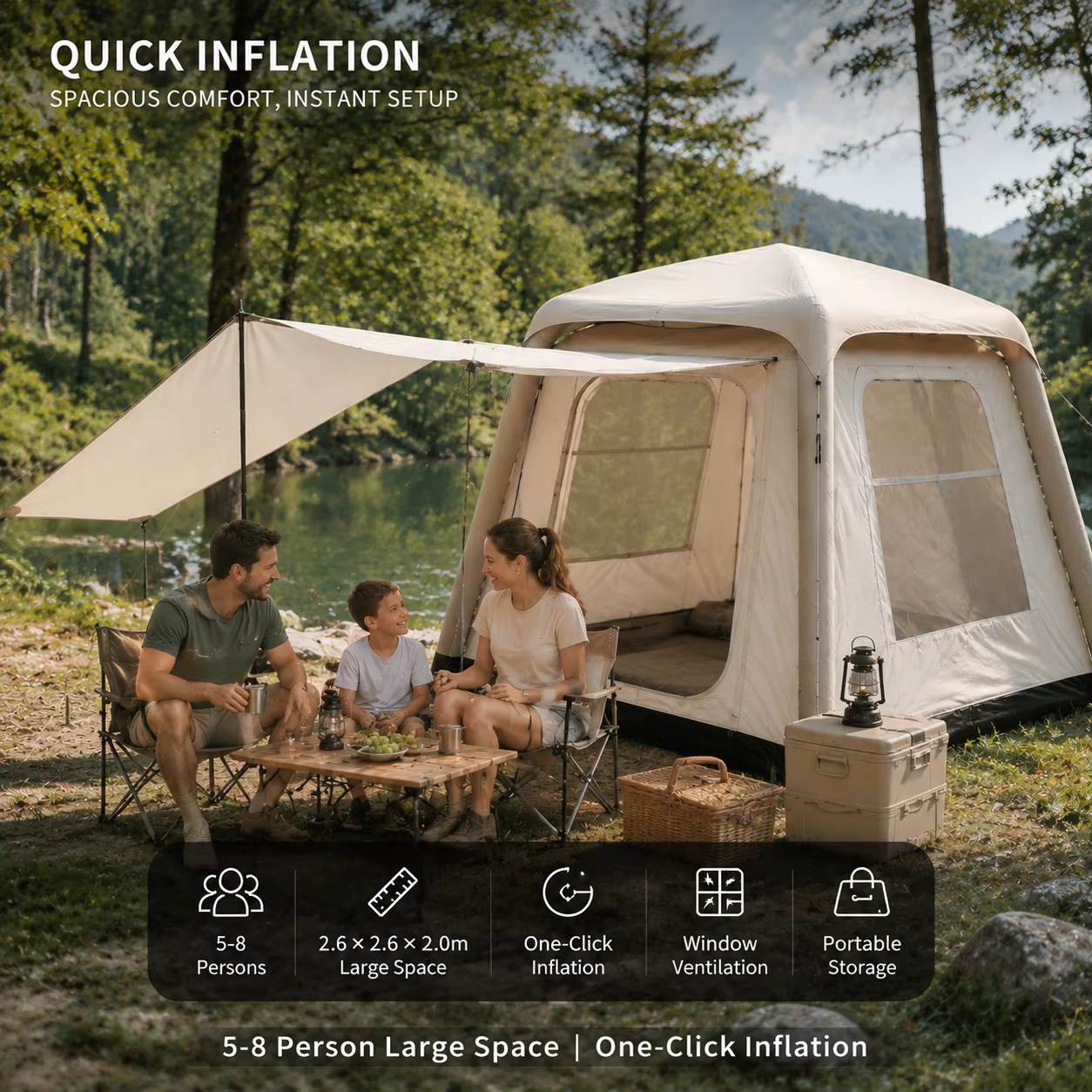 Tente de camping gonflable pour la famille, voyage en plein air, tente à tubes d'air imperméable, tente de glamping portable avec pompe
