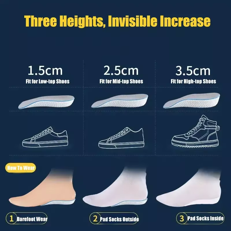 Nouvelles semelles intérieures rehaussantes semi-invisibles pour chaussures, inserts de talon, coussinets de sport, augmentation de la hauteur en mousse à mémoire de forme EVA, rehausseurs de talon 1,