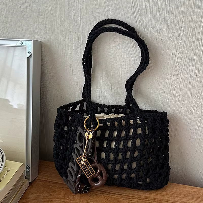 Sac fourre-tout en crochet fait main ajouré grande capacité avec poche intérieure, sac à bandoulière décontracté pour le quotidien, les vacances, le shopping, style bohème rétro
