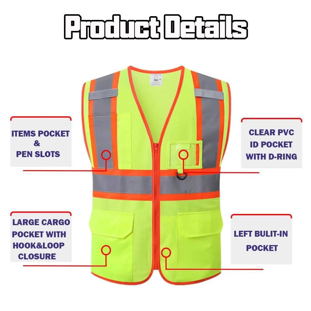 Gilet en maille fluorescente avec plusieurs poches et fermeture éclair sur le devant, vêtements de travail de Construction haute visibilité, uniformes pour hommes et femmes