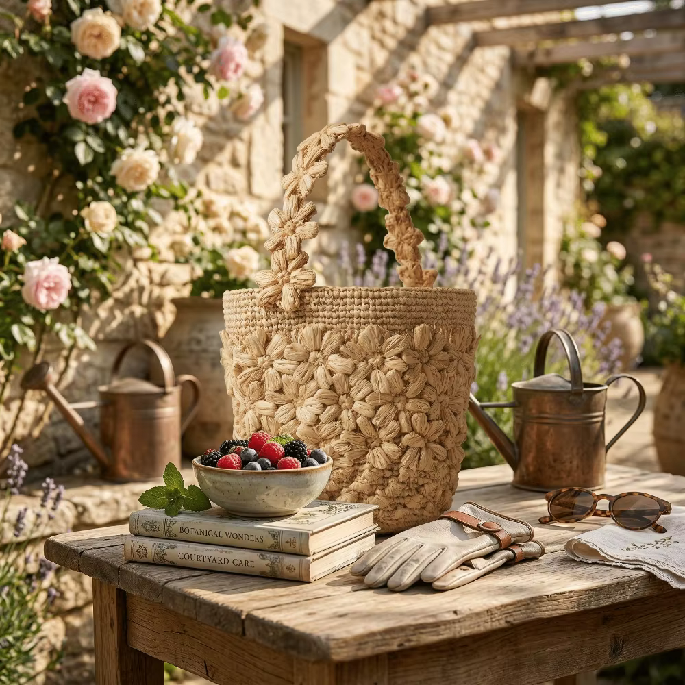 Sac seau en raphia tressé pour femme, fait main, avec fleur au crochet, sac à main en paille, style français, sac fourre-tout