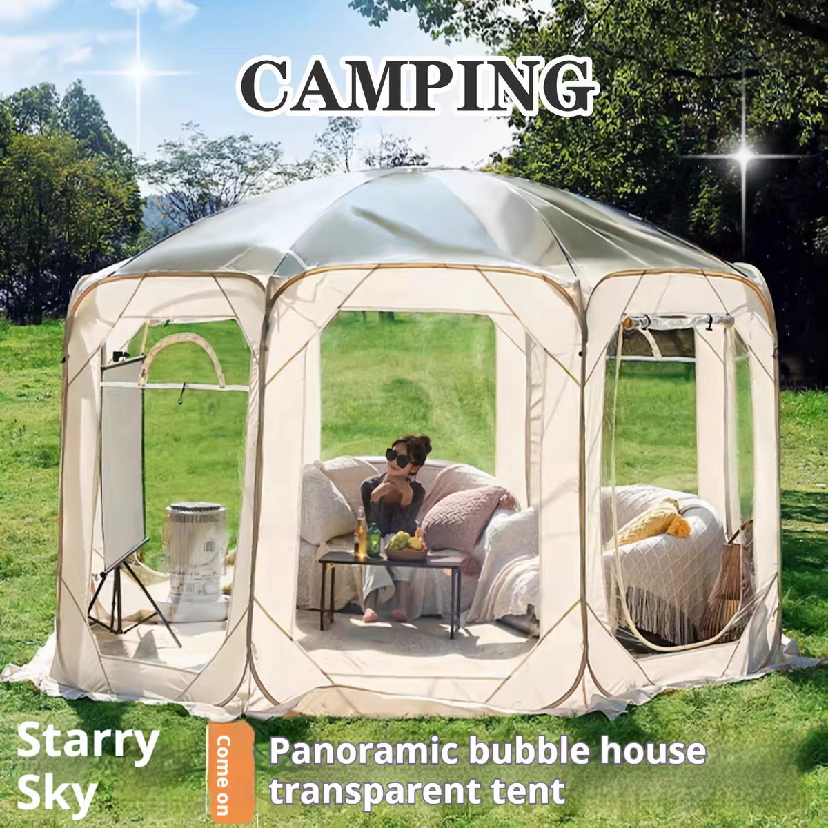 Tente transparente sphérique pour camping en plein air, ciel étoilé, maison à bulles, salon de soleil quatre saisons, restauration, ySigned, nuit