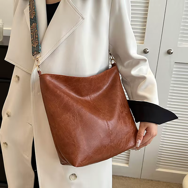 Sac à Bandoulière Vintage Solide de Grande Capacité pour Femme