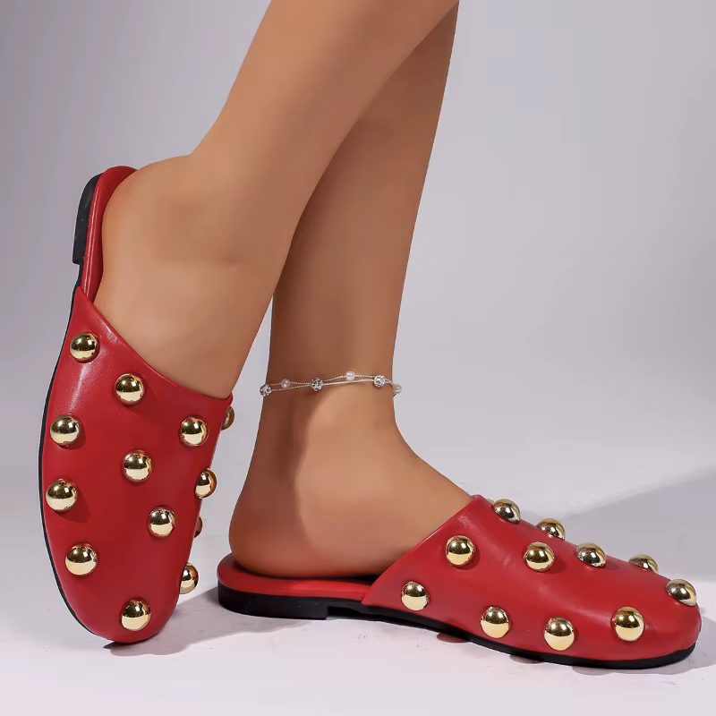 Sandales confortables à rivets métalliques, mules décontractées à enfiler, pantoufles à semelle souple en caoutchouc, chaussures plates pour usage quotidien