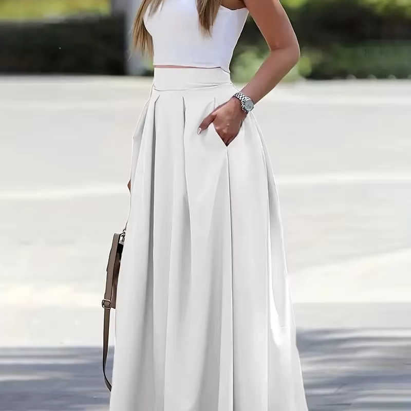Jupes longues pour femmes printemps été taille haute couleur unie jupe longue femmes poche trajet a-ligne plissée mode jupe longue