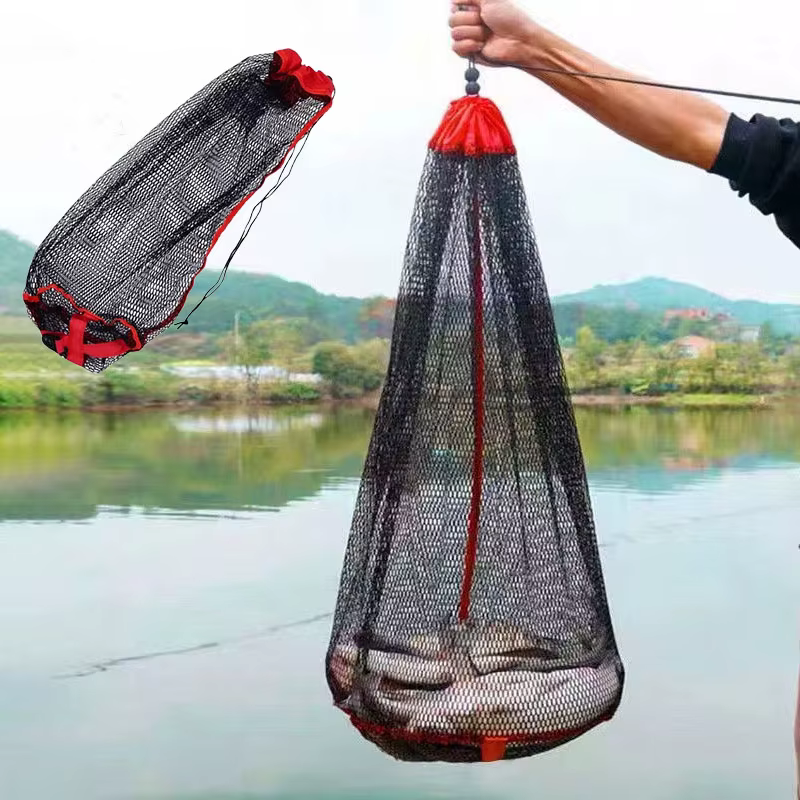 Filet de pêche pliable en Nylon, petite Cage à grille, filets à poisson, paquet de pêche à la bouche, panier de poisson vivant, sac Portable en maille avec cordon de serrage