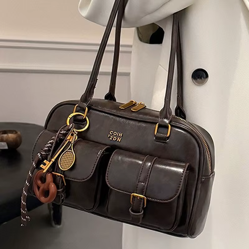 Sac à bandoulière rétro en cuir de couleur unie pour femmes, 1 pièce, sac à main avec plusieurs poches, grande capacité, livré avec un accessoire détachable