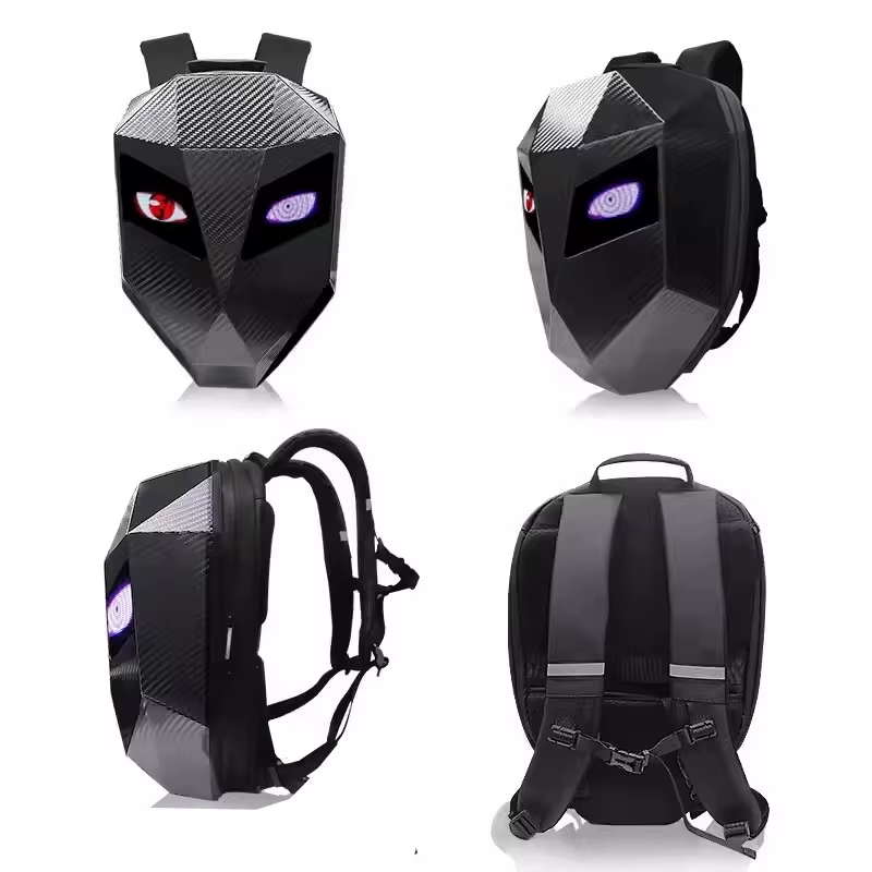 LED Moto Rider sac à dos yeux lueur modèle fibre de carbone texture casque locomotive sac à dos sac d'école