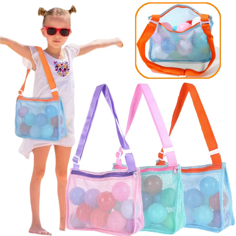Sac de plage pliable en maille pour enfants, sac de rangement portable pour jouets de plage, vêtements, organisateur de rangement, sac de maquillage cosmétique pour femmes