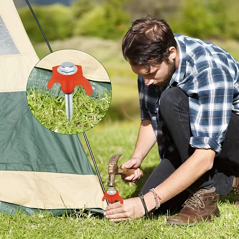 Piquets de tente hexagonaux filetés - Poignée en plastique rouge et vis en métal - Accessoires de camping