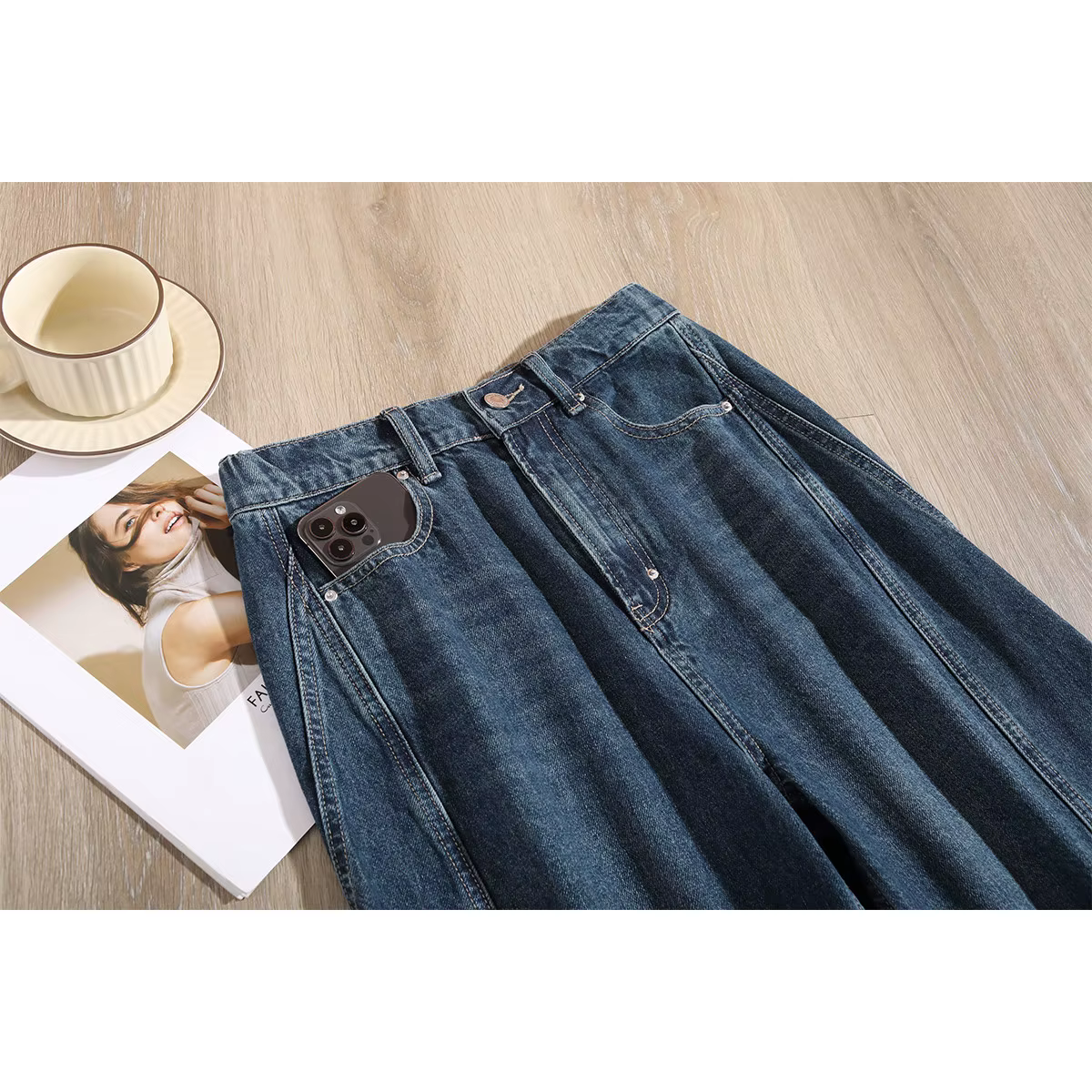 Modiis Yao-Jean baggy taille haute pour femme, pantalon en denim polyvalent, droit, adt, jambe large, mode rétro, décontracté, hiver, 2023