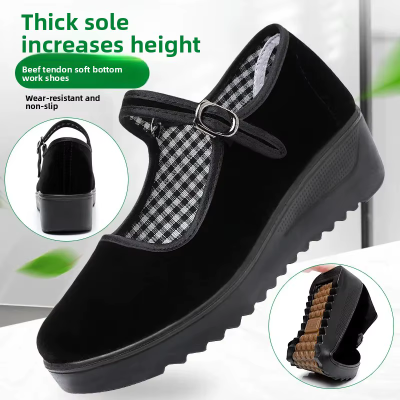 Chaussures de travail confortables à fond épais pour femmes, chaussures en coton de Style pékin, antidérapantes, chaussures de travail d'hôtel à bout rond, usage quotidien