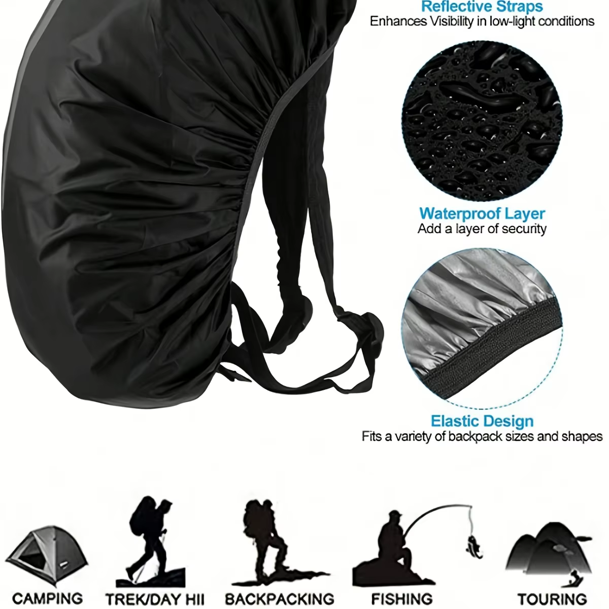 Housse de pluie pliable noire 20-70L pour sac à dos avec bandes réfléchissantes – Idéale pour la randonnée