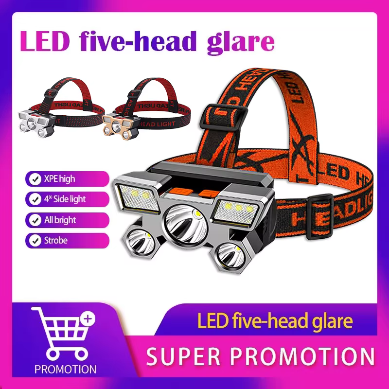 5 LED USB lampe frontale Rechargeable 18650 batterie intégrée phare Portable