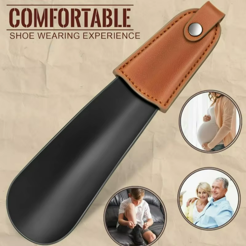 Chausse-pied en métal, manche en cuir de 6,7 pouces, chausse-pied courte en acier inoxydable, adaptée aux personnes âgées et aux femmes enceintes.