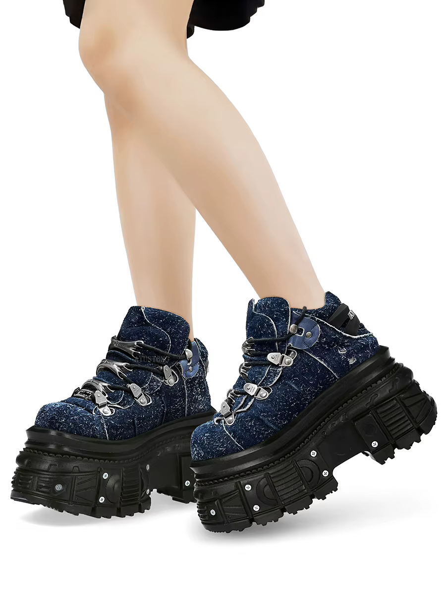 Chaussures à plateforme à talons super hauts pour hommes et femmes, décoration en métal Punk rock, design à lacets, chaussures à plateforme de style gothique