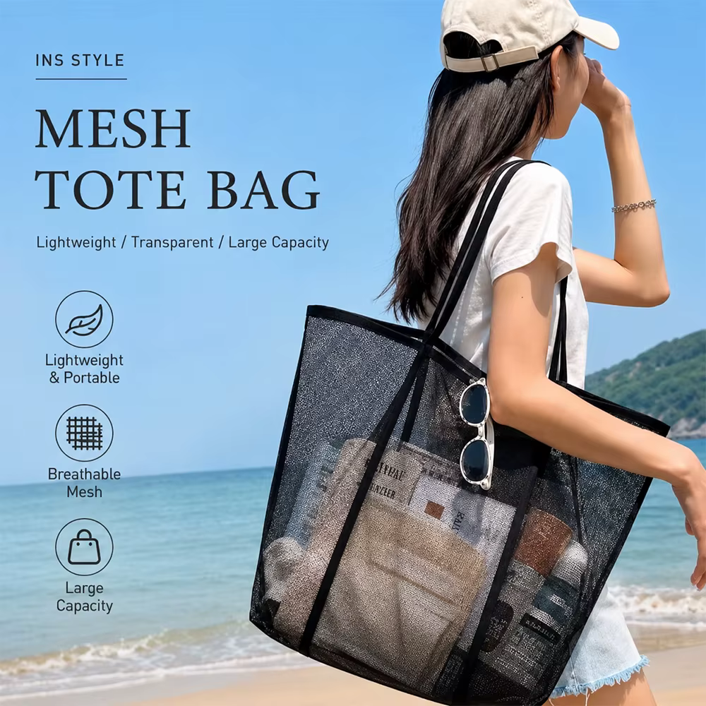Sac de plage en maille portable, léger, respirant, à séchage rapide, sac de voyage pour les sorties à la plage, les activités de plein air, le rangement des serviettes et des jouets