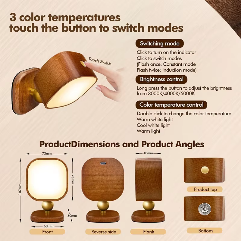 Lampes murales de chevet à chargement sans fil, veilleuse en bois, Portable, créatif, interrupteur tactile magnétique, lumières murales intelligentes pour le corps humain