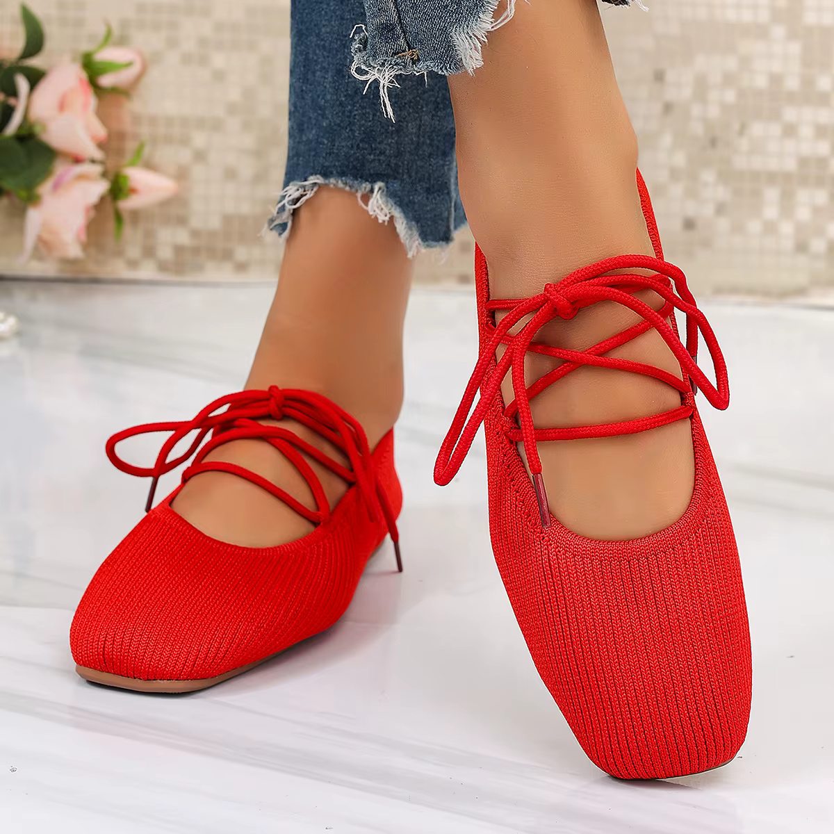 Chaussures plates françaises 2026 – Nouveauté été – Bout rond – Respirantes – Légères – Ballerines tricotées – Décontractées – Confortables – Pour femmes