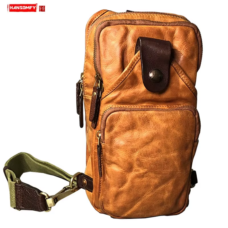 Sac de poitrine en cuir fait main pour homme, sacs à bandoulière rétro, couche de tête en cuir de vachette, Amei Kacha, vintage, doux, neuf, 2024
