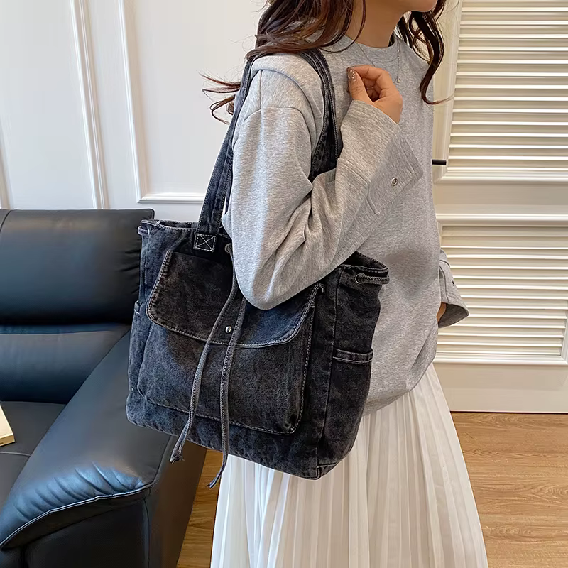 Denim couleur unie fermeture éclair nœud fourre-tout décontracté 2025 haute qualité nouveaux sacs simples grande