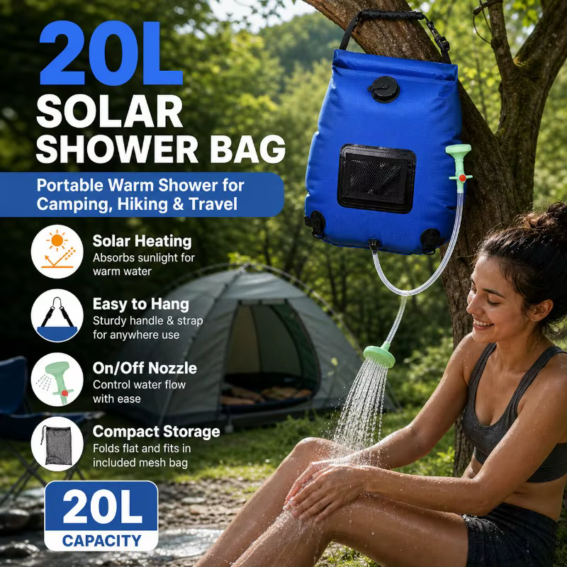Sac de douche solaire 20L, sac d'eau portable pour le camping avec tuyau et buse pour la randonnée, les voyages et les activités de plein air