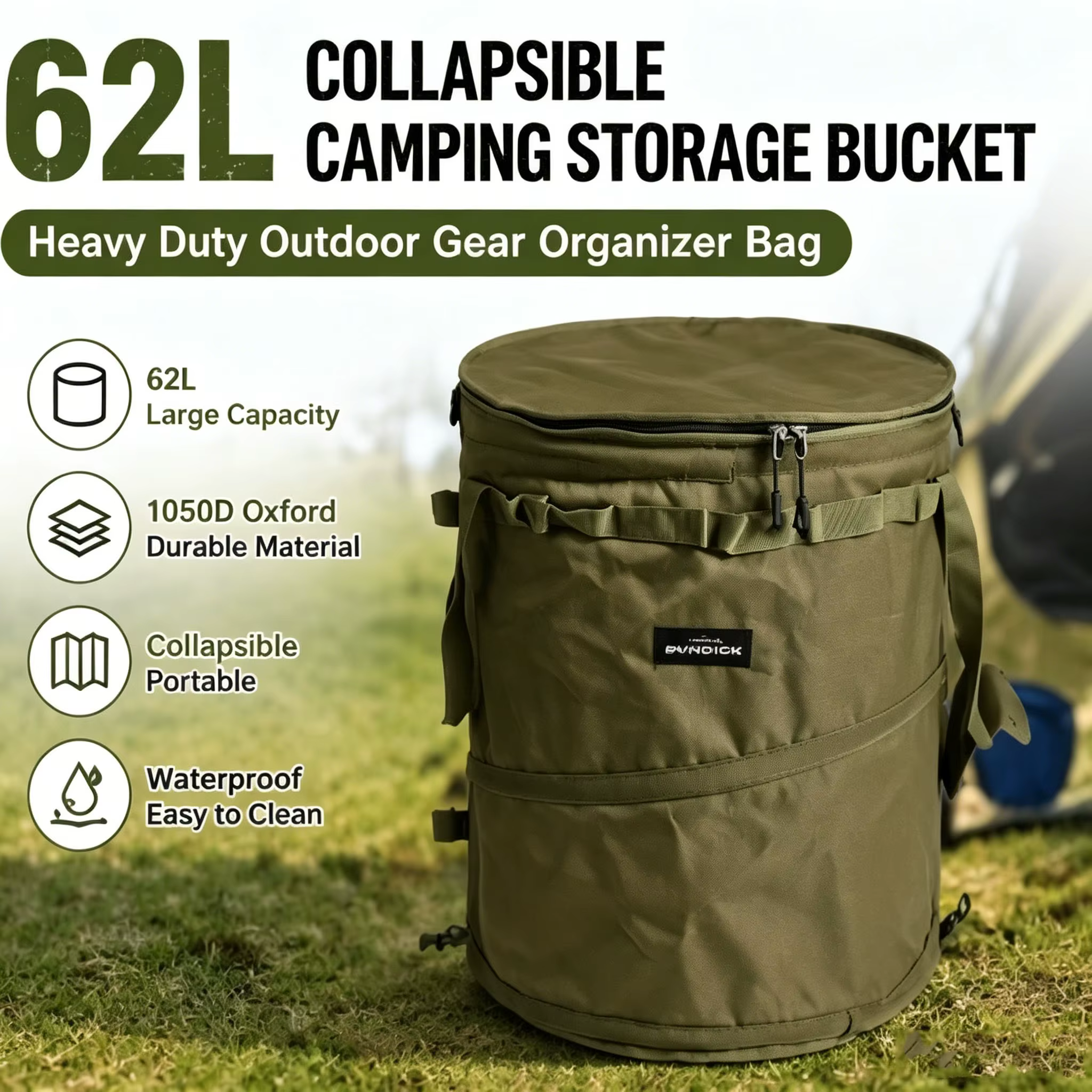 Seau de rangement pliable 62L pour le camping