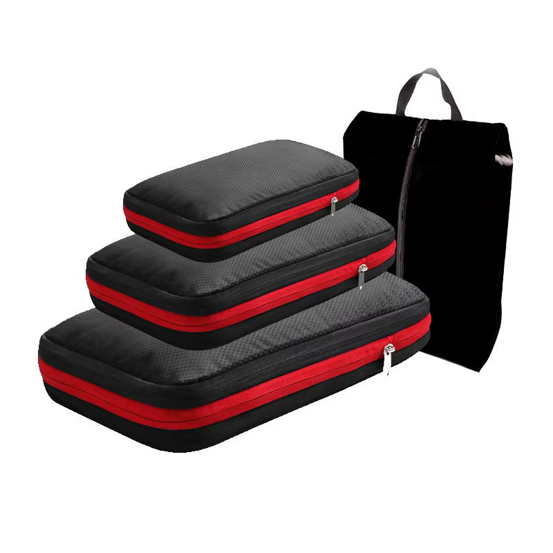 Cubes d'emballage à Compression de voyage avec sac à chaussures, organisateur pliable Portable, pochette pliable pour bagages, rangement de voyage pour vêtements et chaussures