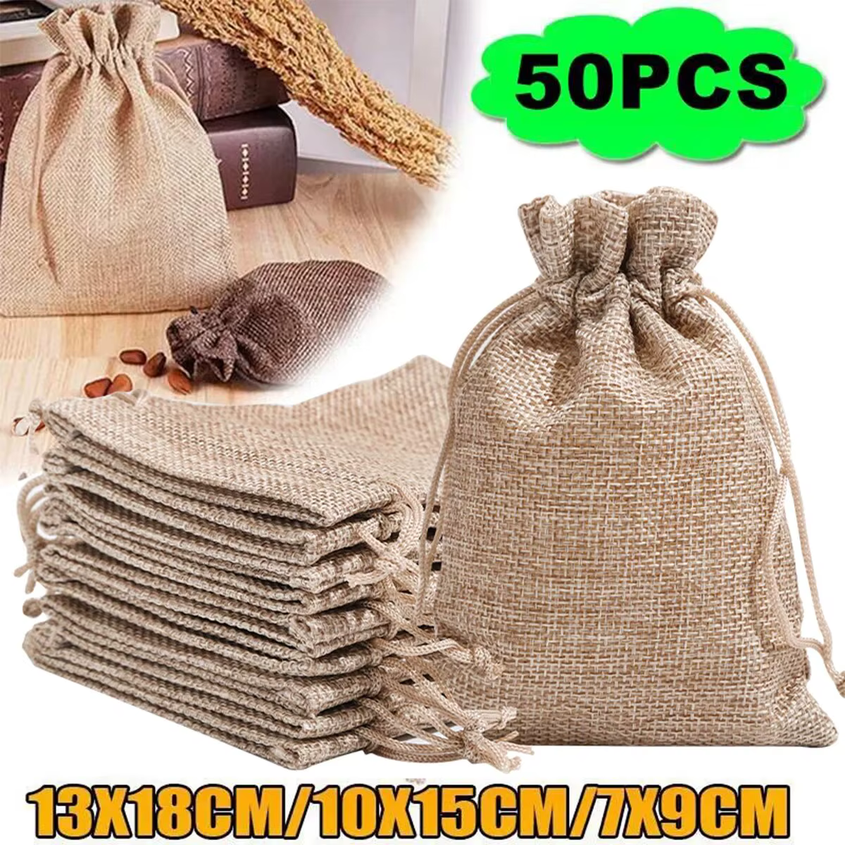 Paquet de sac cadeau de poche en coton et chanvre pour la journée des enfants, emballage de bonbons bricolage, emballage de produits de mariage, 15-50
