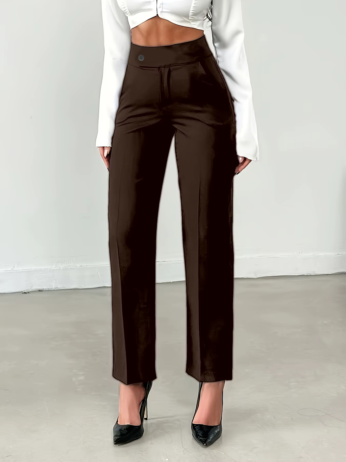 Pantalon de costume droit taille haute marron pour femme