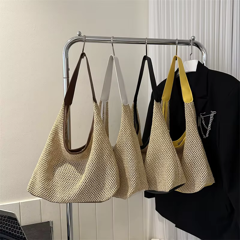 Sac de plage en paille tissé, décontracté, populaire, à la mode, asymétrique, épaule dénudée, bord de mer, voyage, livraison directe, été, 2024