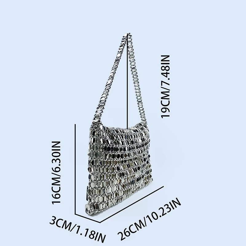 Sac rétro argenté à paillettes métalliques pour femmes, sac à main tissé à la main haut de gamme, sac à bandoulière et sous les bras, nouvelle collection 2024