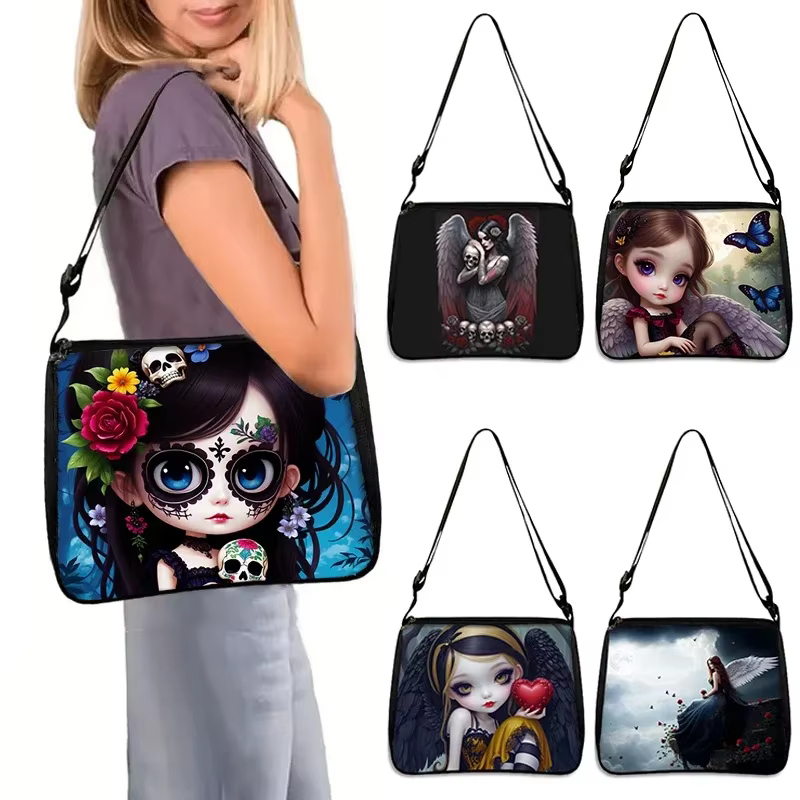 Sacs à main gothiques avec imprimé tête de mort pour femmes, sac messager, support de téléphone, sacs à bandoulière, sac à main de voyage, ange avec aile brisée, initié