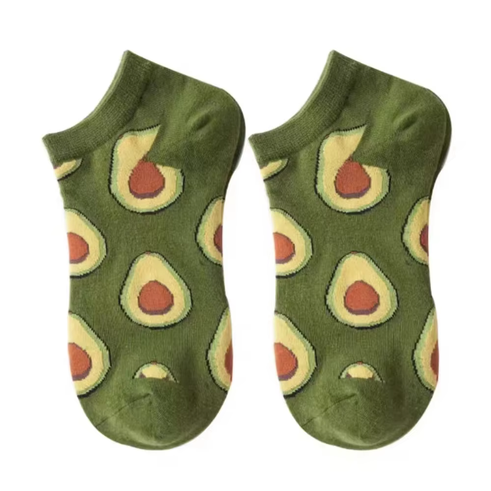 5 paires de chaussettes d'équipage d'avocat, dessin animé, mode fraîche, respirantes, confort Kawaii, chaussettes bateau coupe basse pour femmes, été et automne