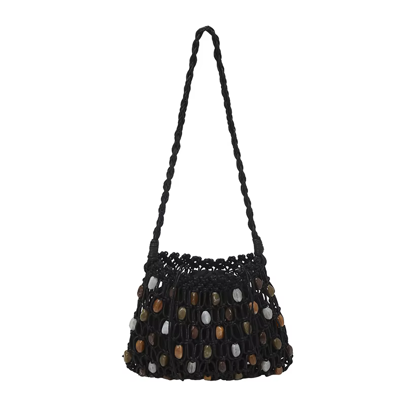 Sac fourre-tout d'été 2026 en crochet perlé style bohème, sac tissé ajouré fait main, sac de plage bohème grande capacité en paille pour voyage