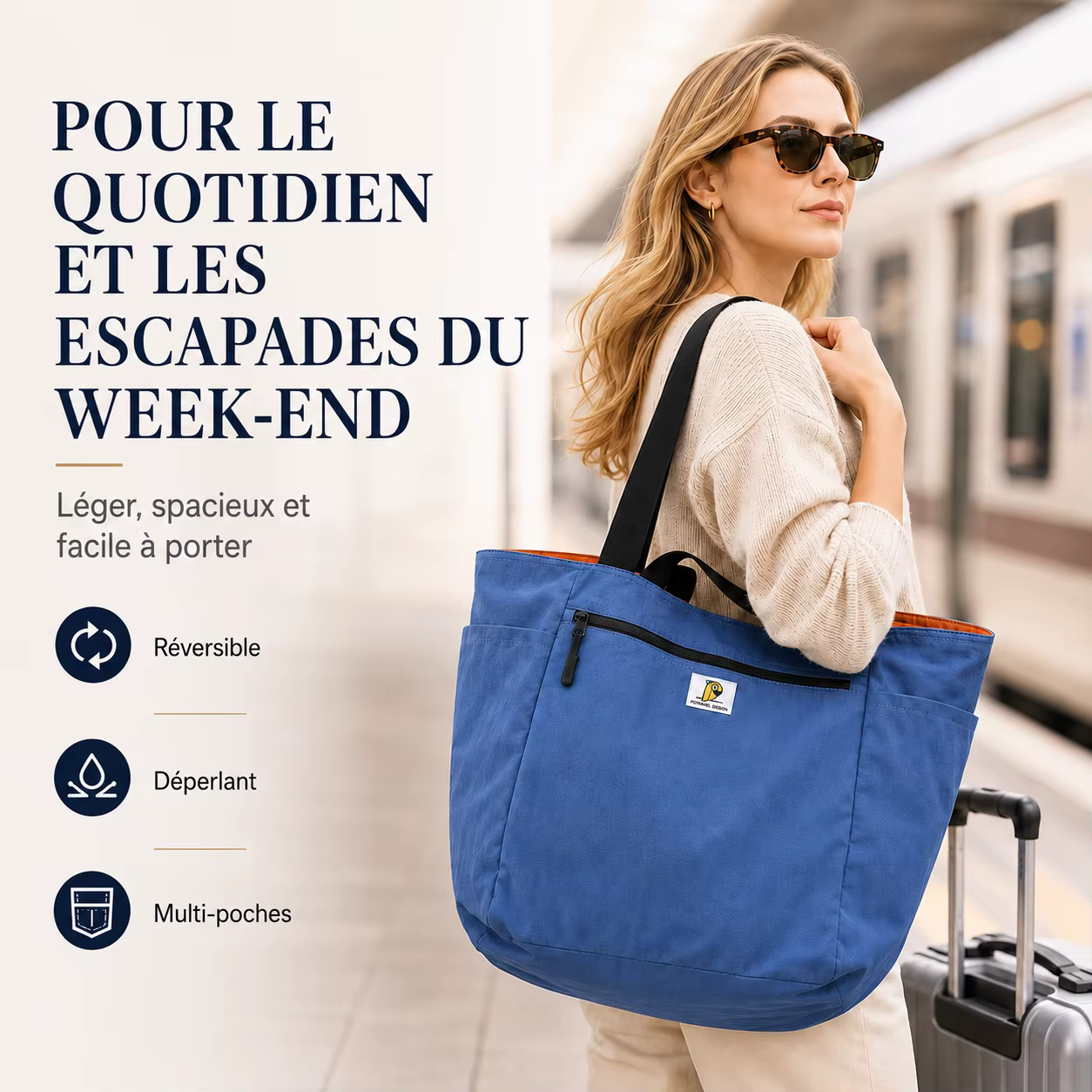 Sac Cabas Femme Réversible en Nylon Lavé Léger Déperlant Grande Capacité Multi-Poches Sac à Épaule de Voyage