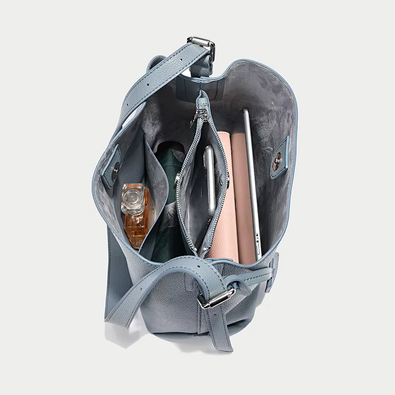 Nouveau élégant bleu pur couleur unie sac seau moyen mode cuir de vachette femmes sac à bandoulière OL bureau dame affaires sac à main