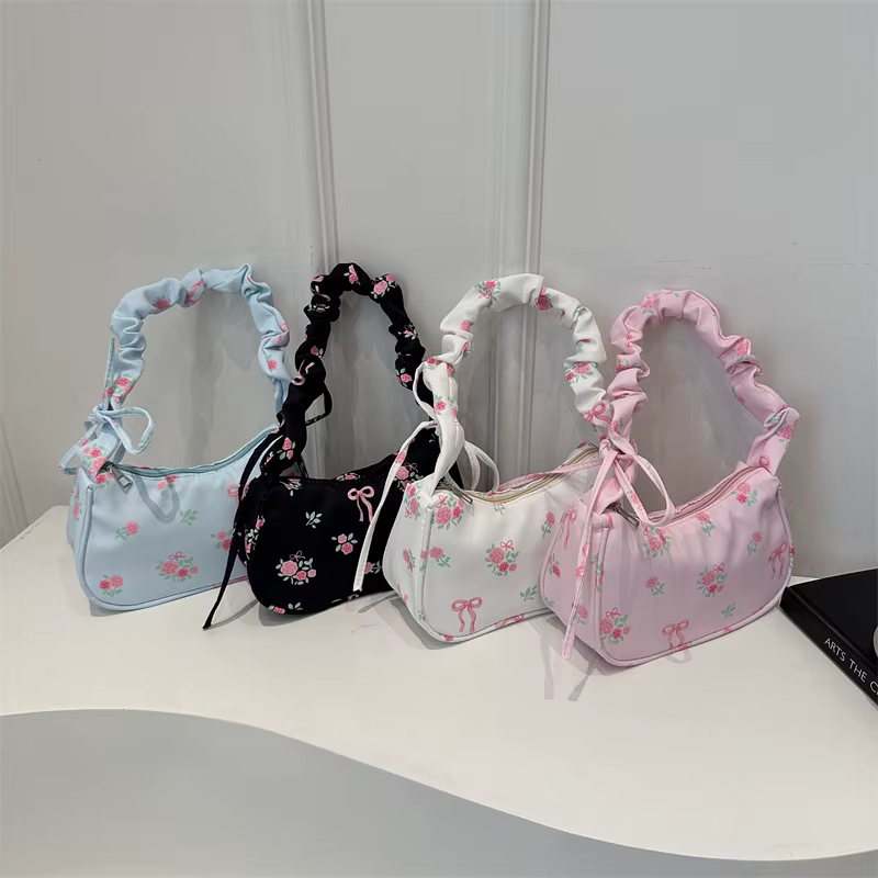 Sacs à main en toile imprimé doux pour femmes, fourre-tout coréen avec nœud Floral imprimé avec fermeture éclair, petit sac à bandoulière, nouvelle collection