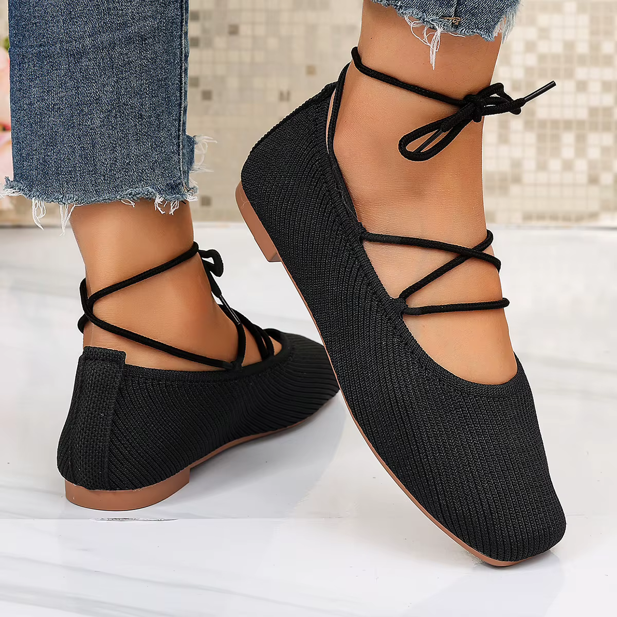 Chaussures plates françaises 2026 – Nouveauté été – Bout rond – Respirantes – Légères – Ballerines tricotées – Décontractées – Confortables – Pour femmes