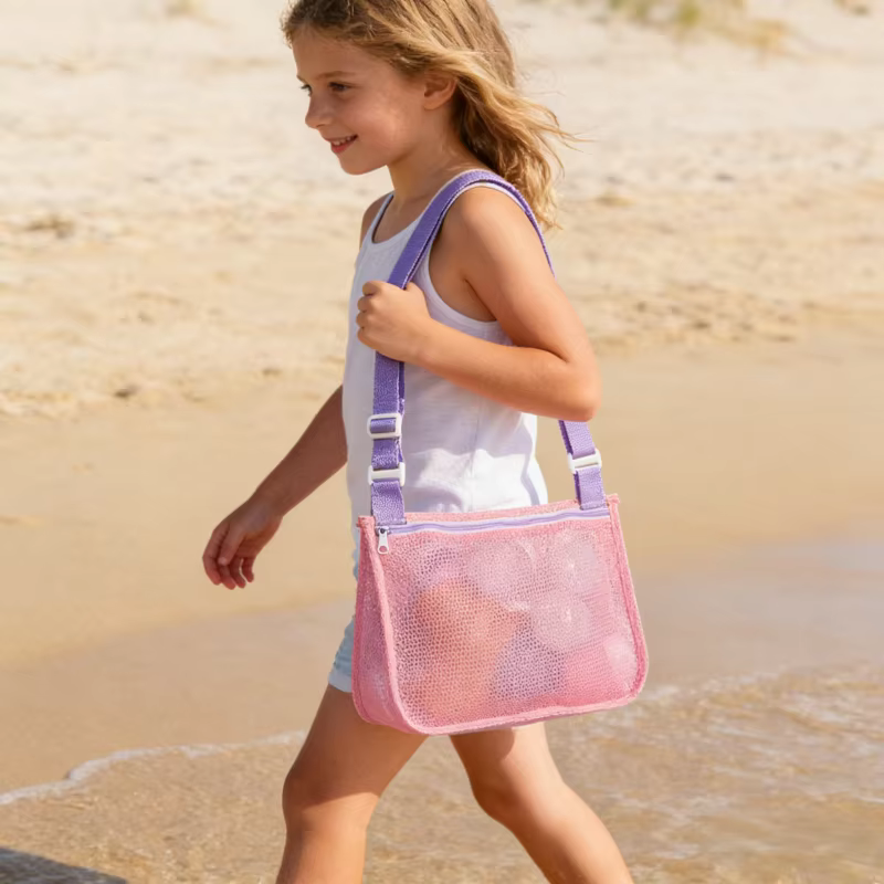 Sac de plage pliable en maille pour enfants, sac de rangement portable pour jouets de plage, vêtements, organisateur de rangement, sac de maquillage cosmétique pour femmes