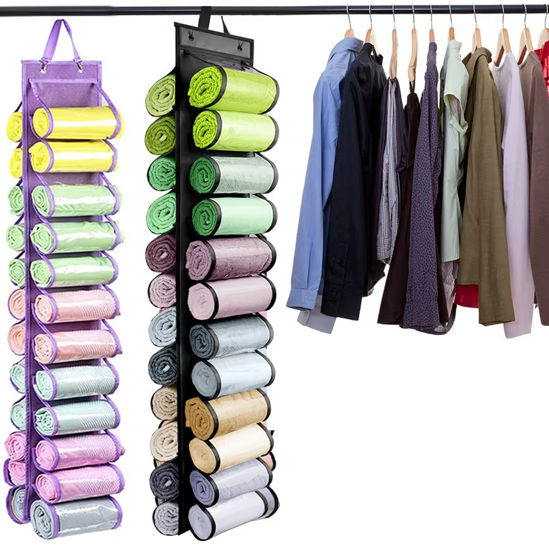 Sac de rangement pour leggings, cintre de rangement pouvant contenir 24 leggings ou chemises, cintre de rangement à compartiments pour jeans, organisateur de leggings pliable