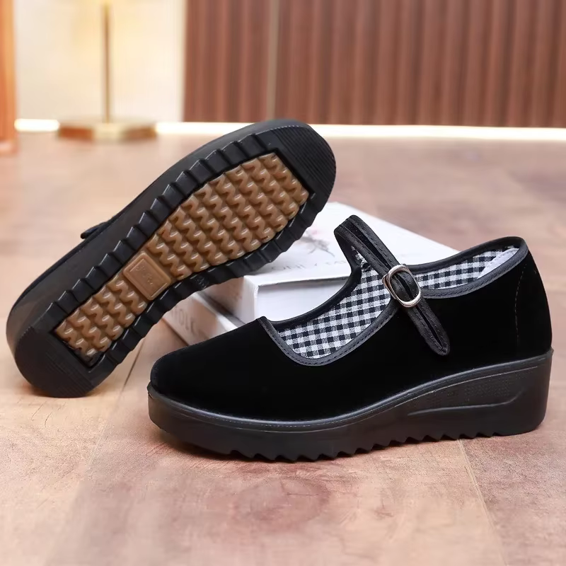 Chaussures de travail confortables à fond épais pour femmes, chaussures en coton de Style pékin, antidérapantes, chaussures de travail d'hôtel à bout rond, usage quotidien
