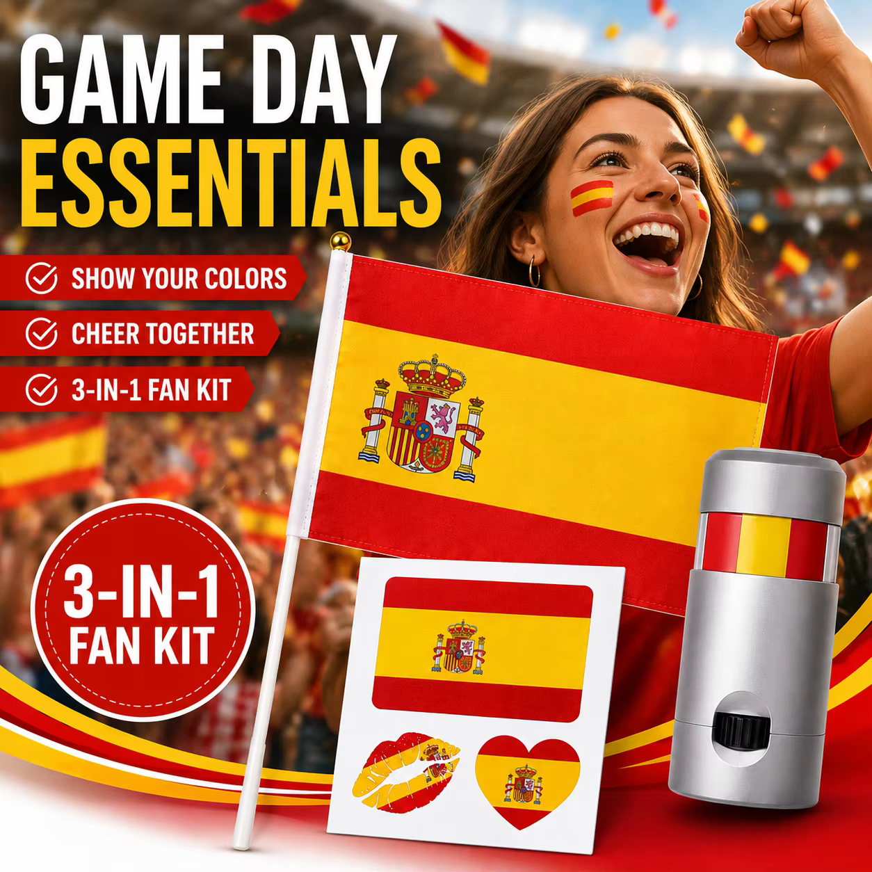 Kit de supporters de football 3 en 1, drapeau à main, autocollants décoratifs temporaires, accessoires pour la fête du jour du match