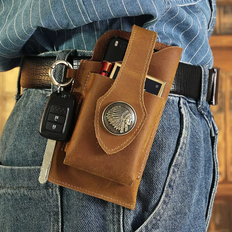 Sac de téléphone portable en cuir - Sac vintage en cuir de vachette pour homme - Sac banane tactique pour sports de plein air - Sac banane en cuir pour homme pour téléphone portable