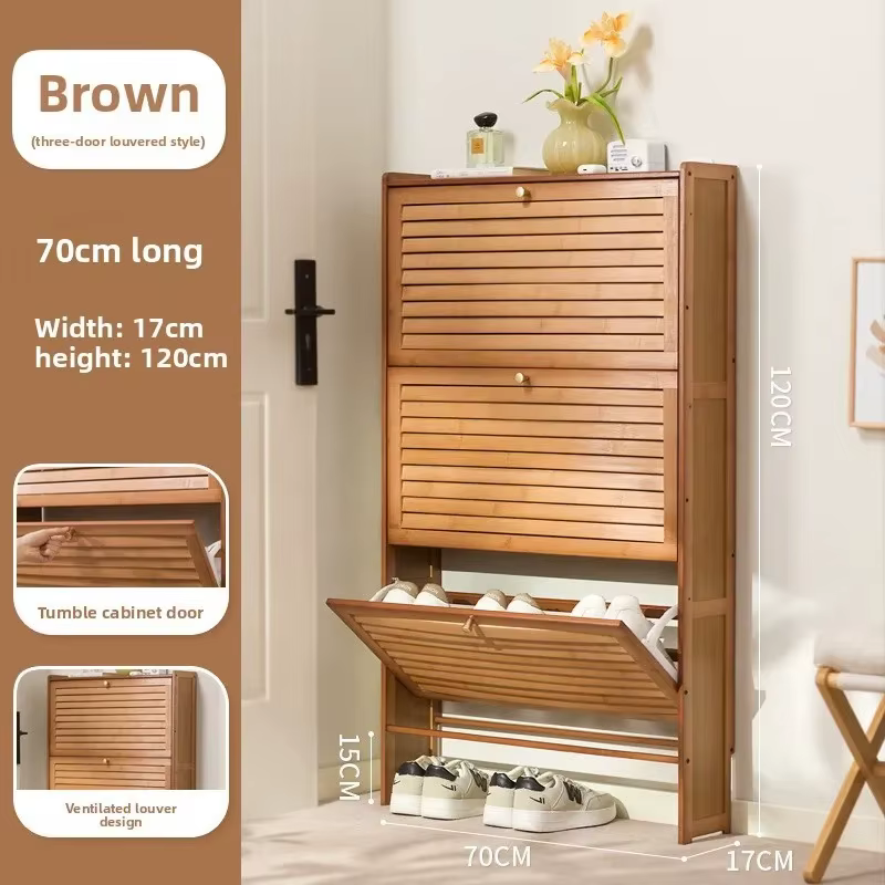 Armoire à chaussures à portes à persiennes en bambou, armoire à chaussures ultra-mince multi-niveaux, armoire à chaussures étroite en bambou, étagère à chaussures murale
