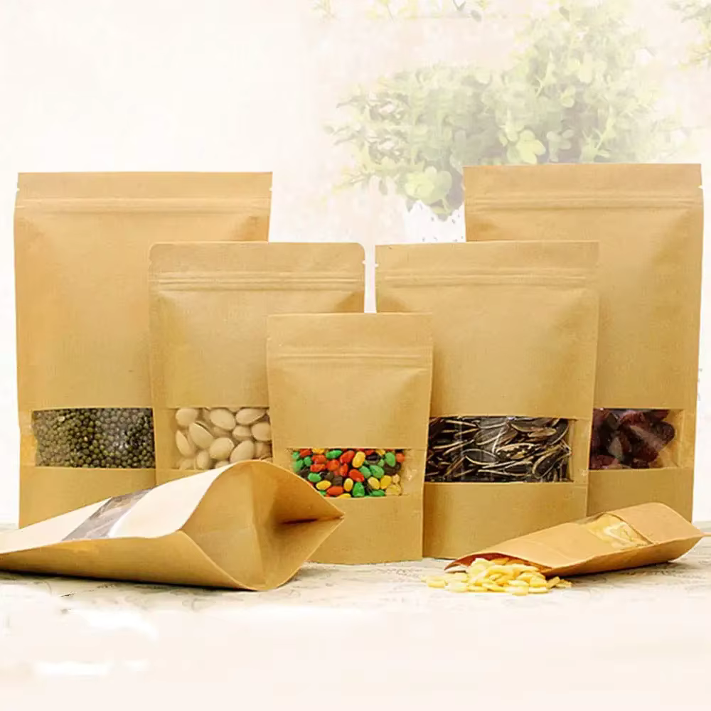 Sacs en papier Kraft à fermeture éclair, sac alimentaire réutilisable, pochettes debout avec fenêtre mate, 50 pièces marron (9x14cm), sac de conservation des aliments, joint